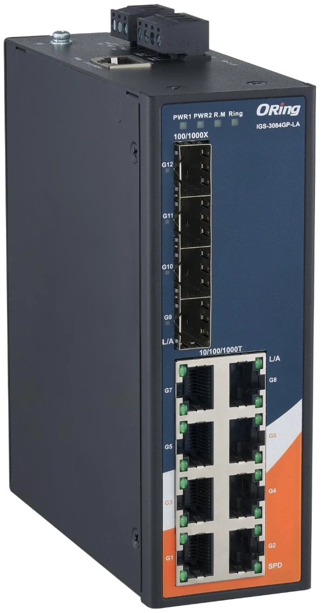 Main image of ORing IGS-3084GP-LA 12-port Managed Gigabit Ethernet Switch, 8 GE + 4 SFP Slots, VLAN, QOS, LACP
