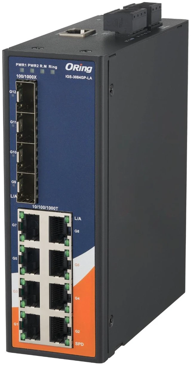 Alt view image 3 of 4 - ORing IGS-3084GP-LA 12-port Managed Gigabit Ethernet Switch, 8 GE + 4 SFP Slots, VLAN, QOS, LACP
