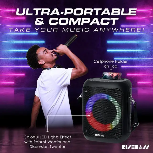 Alt view image 3 of 6 - Risebass Portable Wireless Karaoke Machine with 2 Wireless Microphones - Bluetooth Rechargeable Speaker and PA System with USB/SD/TF Card Support, AUX-in, Tripod Screw Mount and Phone Slot.