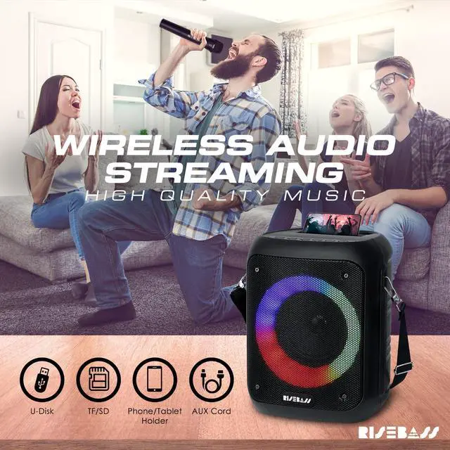Alt view image 5 of 6 - Risebass Portable Wireless Karaoke Machine with 2 Wireless Microphones - Bluetooth Rechargeable Speaker and PA System with USB/SD/TF Card Support, AUX-in, Tripod Screw Mount and Phone Slot.