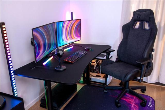 Alt view image 5 of 7 - Arozzi Arena Medium Curved Gaming and Office Desk with Full Surface Water Resistant and Washable Mouse Pad, 2 Monitor Mount Cut-Outs, and Built-In Cable Management - Pure Black