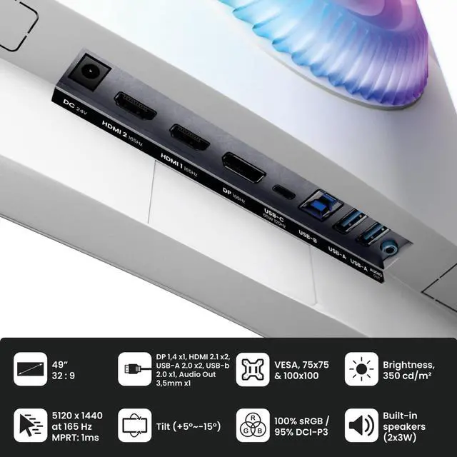 Alt view image 3 of 7 - Arozzi Nova 49" Curved VA 165Hz Ultrawide Gaming Monitor - White