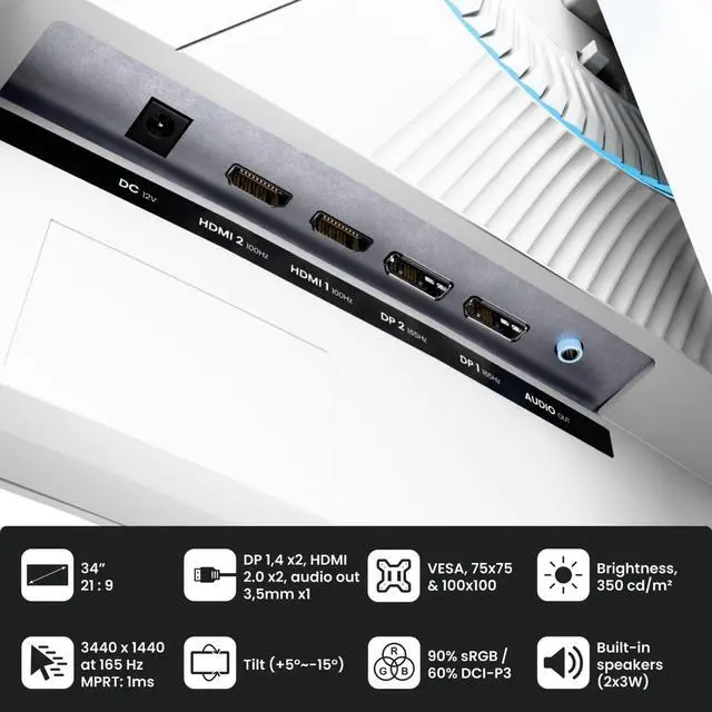 Alt view image 7 of 7 - Arozzi Nova 34" Curved VA 165Hz Ultrawide Gaming Monitor - White