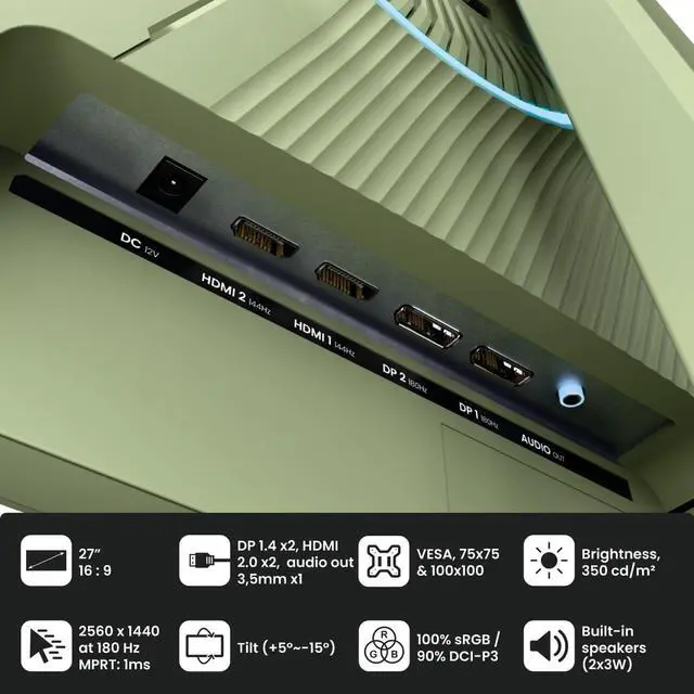 Alt view image 6 of 7 - Arozzi Nova 27" IPS 180Hz Gaming Monitor - Forest Green