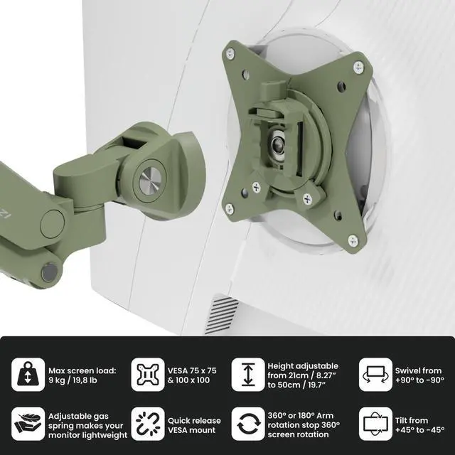 Alt view image 5 of 7 - Arozzi Alzare Neo Duo - Gas Spring Monitor Arm - Forest Green