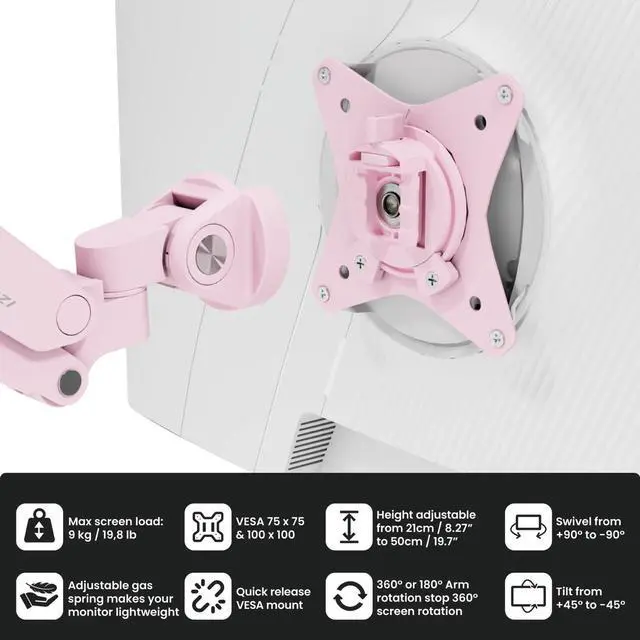 Alt view image 5 of 7 - Arozzi Alzare Neo Duo - Gas Spring Monitor Arm - Pink