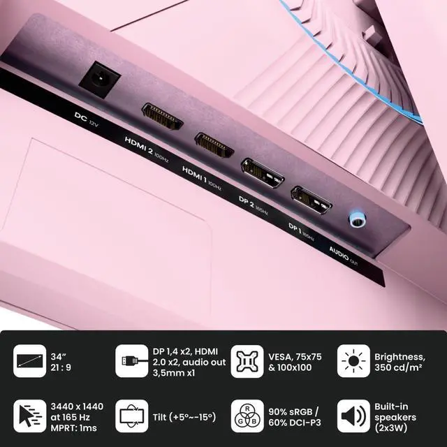 Alt view image 7 of 7 - Arozzi Nova 34" Curved VA 165Hz Ultrawide Gaming Monitor - Pink