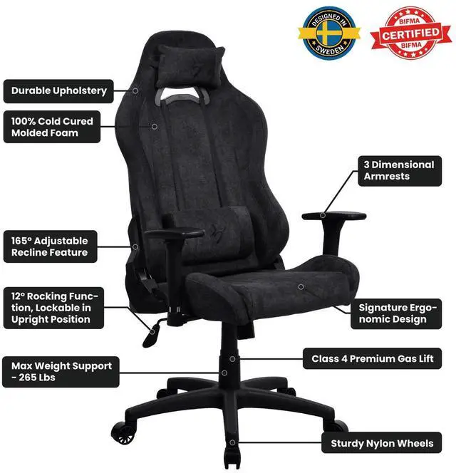 Alt view image 5 of 7 - Arozzi Torretta Soft Fabric Gaming Chair, Breathable Fluid-Repellent Ergonomic Office Chair with Adjustable Height, 3D Armrest & 2 Supportive Pillows (Pure Black)