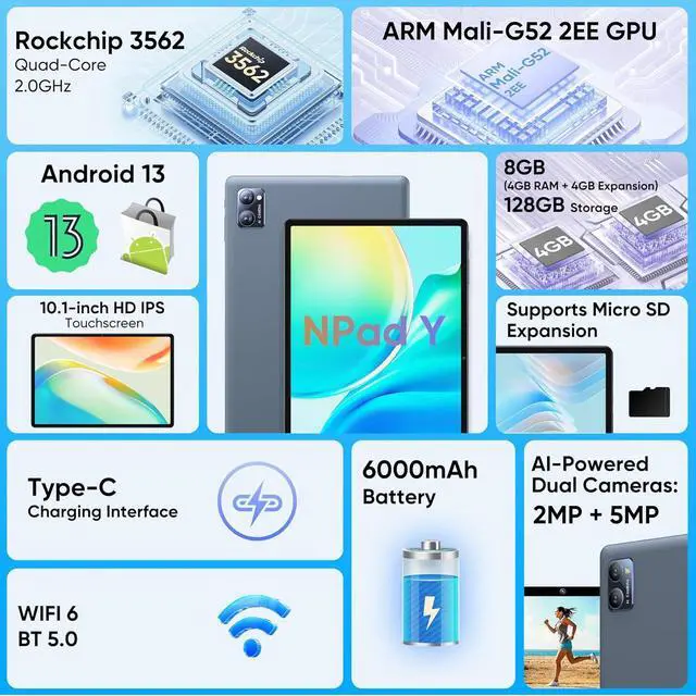 Alt view image 7 of 7 - N-one Android Tablet, 10.1 Inch Android 13 Tablets, 8G(4+4) RAM 128G ROM & 1TB Expand Quad-Core Kids Tablet, WiFi 6 GPS Bluetooth with Keyboard Mouse OTG Stylus and Earbud