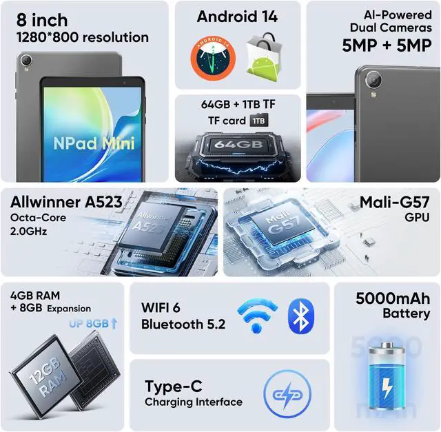 Alt view image 2 of 7 - N-one Android 14 Tablet, 8 inch HD Screen 8 Core Processor 12GB(4+8) 64GB & 1TB Expand, WiFi6 BT 5MP Dual Camera for Kid Study Work 2024 Newest Android Tablets