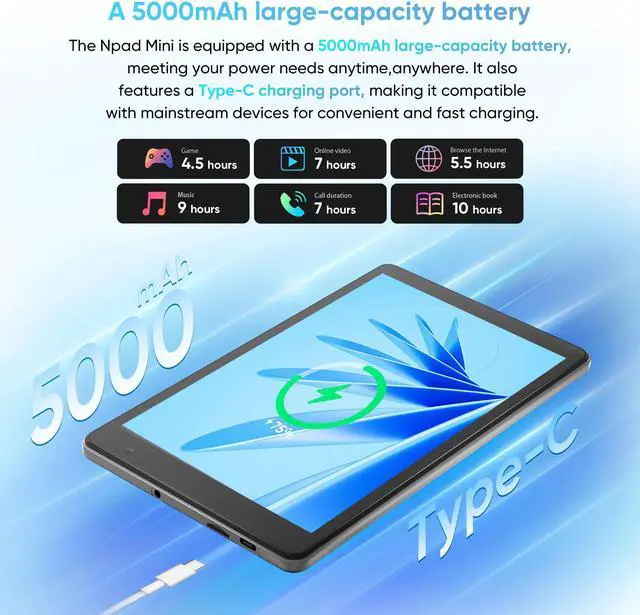 Alt view image 6 of 7 - N-one Android 14 Tablet, 8 inch HD Screen 8 Core Processor 12GB(4+8) 64GB & 1TB Expand, WiFi6 BT 5MP Dual Camera for Kid Study Work 2024 Newest Android Tablets