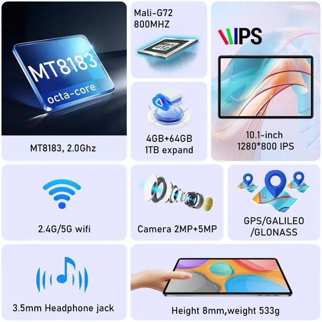 Alt view image 2 of 7 - N-one Android Tablet Octa-Core MTK8183 CPU 4GB RAM 64GB ROM HD IPS Touchscreen 6H Battery Dual Camera 2.4GHz &5.0GHz WiFi Dual band