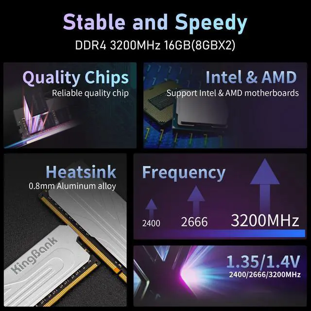 Alt view image 5 of 7 - KingBank Computer Desktop Memory Ram DDR4 16GB(2x8GB) 3200MHz CL16 1.35V with Heatsink for Desktop Computer High Performance Gaming Office