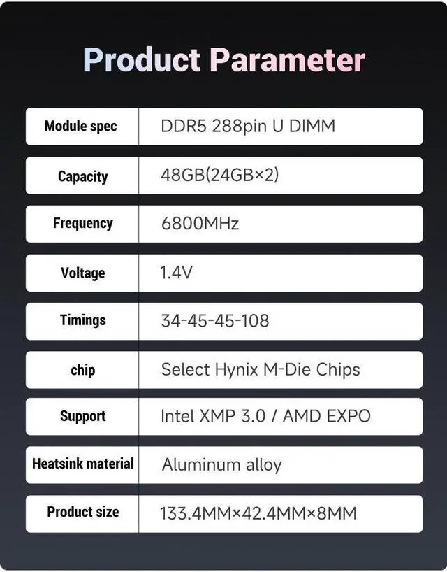 Alt view image 7 of 7 - KingBank Computer Desktop Memory Ram Hynix M-die  DDR5 48GB (2 x 24GB) 6800MHz CL34 1.4V with Thick Heatsink for Desktop Computer High Performance Gaming