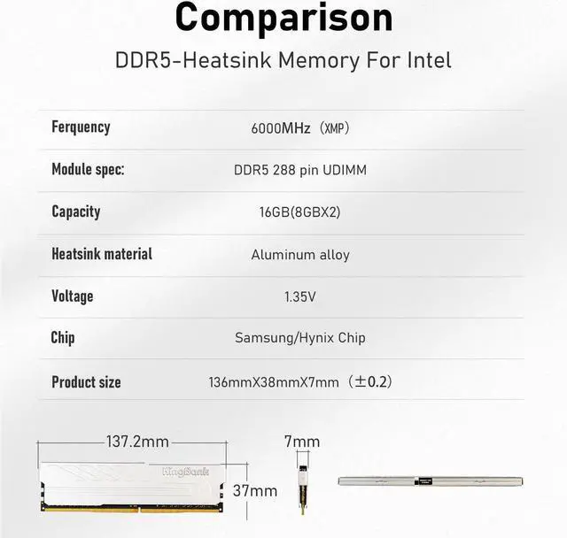 Alt view image 7 of 7 - KingBank Computer Desktop Memory Ram DDR5 16GB(2x8GB) 6000MHz CL36 1.35V with Heatsink for Desktop Computer High Performance Gaming, silver