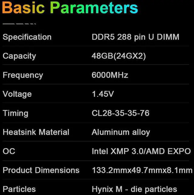 Alt view image 6 of 7 - RGB Computer Desktop Memory Ram Hynix M-die DDR5 48GB(2x24GB) 6000MT/s CL28 1.45V Overclocking XMP 3.0 & AMD Expo with Heatsink for PC Gaming/Office/PS