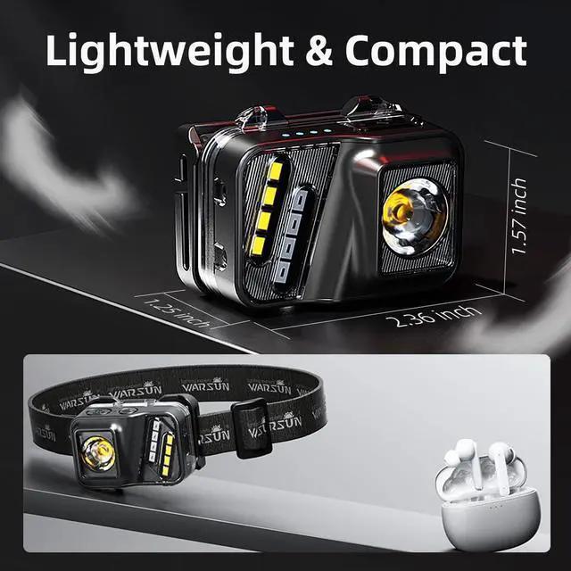 Alt view image 2 of 7 - WARSUN Rechargeable Headlamp, 8 Modes LED Head Lamp with Motion Sensor, IPX66 Water-Resistant LED Head Light with White Red light for Night Running, Fishing, Cycling, Camping