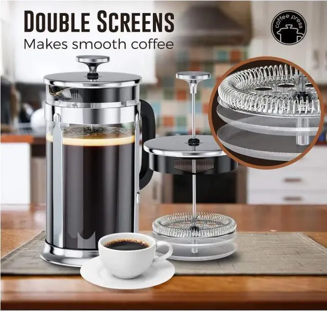 Alt view image 2 of 5 - Toytexx Inc French Coffee Press, 32oz Stainless Steel Coffee Maker, Double Filter, 2 Bonus Screens (8 Cup)