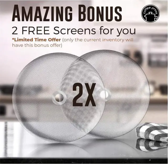 Alt view image 3 of 5 - Toytexx Inc French Coffee Press, 32oz Stainless Steel Coffee Maker, Double Filter, 2 Bonus Screens (8 Cup)