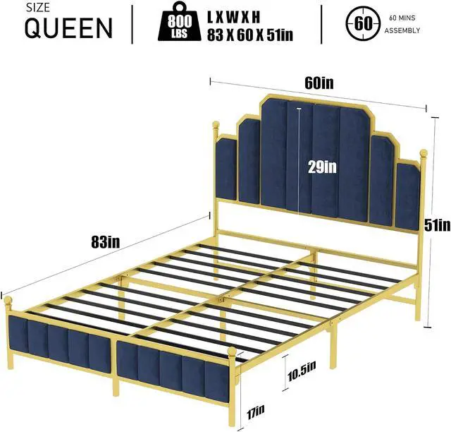 Alt view image 2 of 7 - Toytexx Inc Queen Size Upholstered Bed Frame, Metal Bed Frame with Linen Fabric Headboard, Under Bed Storage, No Box Spring Required (Blue) - BD018QNGDDB