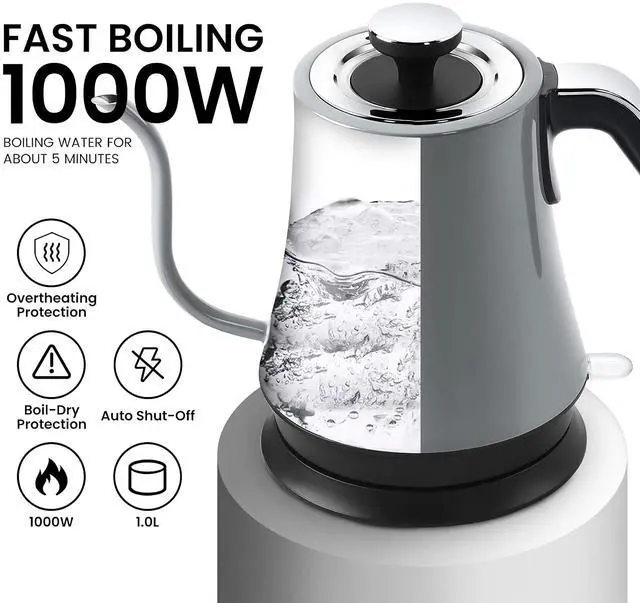 Alt view image 3 of 7 - Toytexx Inc Gooseneck Electric Kettle, 1000W Stainless Steel, Auto Shut-Off, Boil-Dry Protection Gray