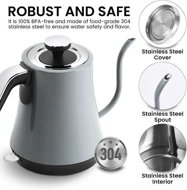 Alt view image 4 of 7 - Toytexx Inc Gooseneck Electric Kettle, 1000W Stainless Steel, Auto Shut-Off, Boil-Dry Protection Gray