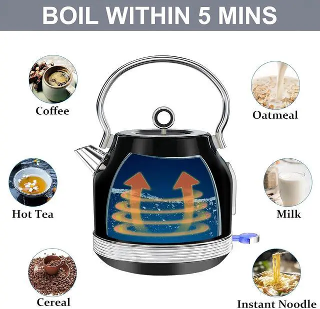 Alt view image 5 of 7 - Toytexx Inc 1.7L Retro Stainless Steel Electric Kettle with Thermometer, Limescale Filter, and Automatic Shut-Off - Black