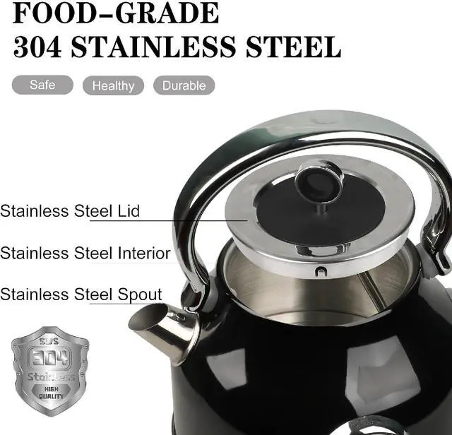 Alt view image 3 of 7 - Toytexx Inc 1.7L Retro Stainless Steel Electric Kettle with Thermometer, Limescale Filter, and Automatic Shut-Off - Black