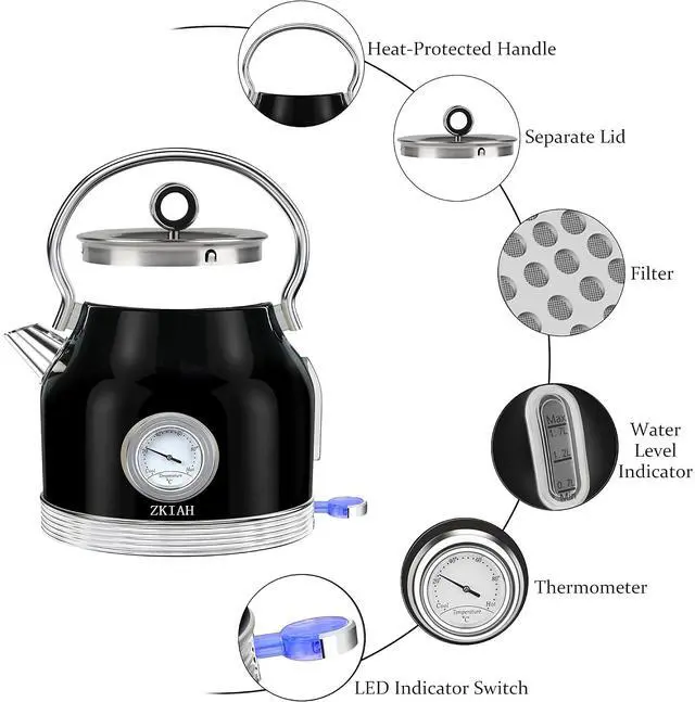 Alt view image 7 of 7 - Toytexx Inc 1.7L Retro Stainless Steel Electric Kettle with Thermometer, Limescale Filter, and Automatic Shut-Off - Black