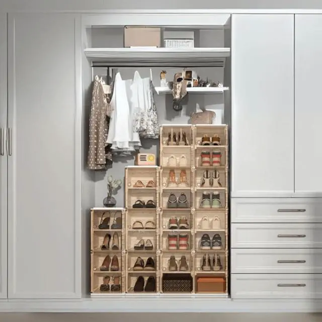 Alt view image 3 of 4 - Toytexx Inc 8-Tier Foldable Shoe Cabinet, 140cm Stackable Shoe Storage Tower with Doors, Space-Saving Shoe Rack Organizer for Closet, Entryway & Bedroom