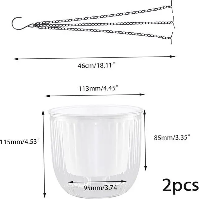Alt view image 3 of 7 - Toytexx Inc 2-Pack Self-Watering Hanging Planters: 4.5" Clear Plastic Pots with Chains & Drainage