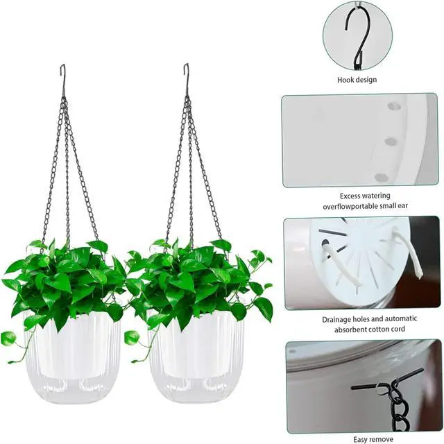 Alt view image 2 of 7 - Toytexx Inc 2-Pack Self-Watering Hanging Planters: 4.5" Clear Plastic Pots with Chains & Drainage