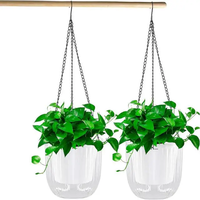 Main image of Toytexx Inc 2-Pack Self-Watering Hanging Planters: 4.5" Clear Plastic Pots with Chains & Drainage
