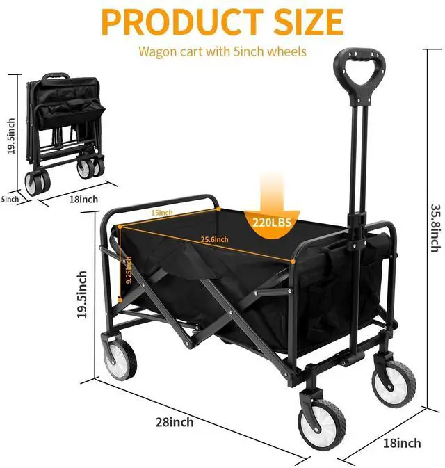 Alt view image 2 of 7 - Toytexx Inc Foldable Utility Wagon - Black 220lbs Capacity Outdoor Folding Cart with 360° Wheels & Adjustable Handle  No Assembly Needed