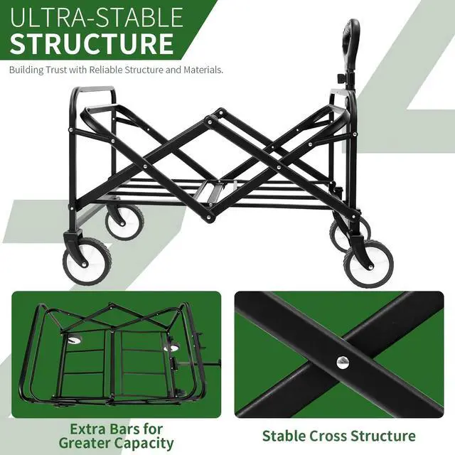 Alt view image 4 of 7 - Toytexx Inc Foldable Utility Wagon - Black 220lbs Capacity Outdoor Folding Cart with 360° Wheels & Adjustable Handle  No Assembly Needed