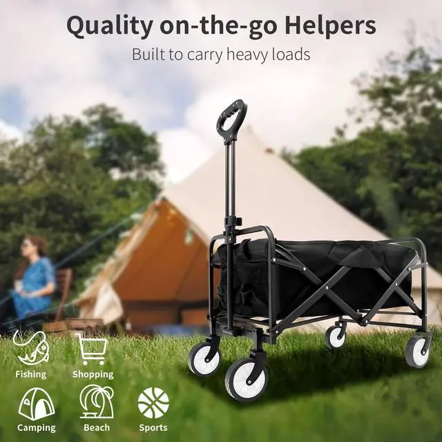 Alt view image 7 of 7 - Toytexx Inc Foldable Utility Wagon - Black 220lbs Capacity Outdoor Folding Cart with 360° Wheels & Adjustable Handle  No Assembly Needed