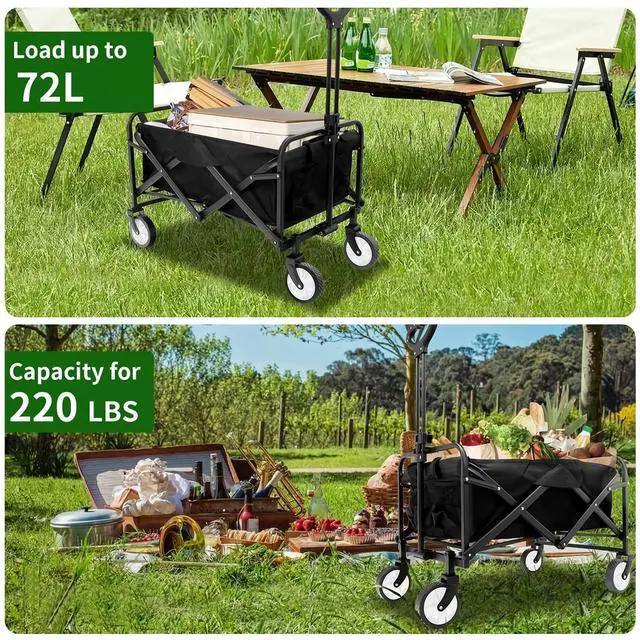 Alt view image 5 of 7 - Toytexx Inc Foldable Utility Wagon - Black 220lbs Capacity Outdoor Folding Cart with 360° Wheels & Adjustable Handle  No Assembly Needed