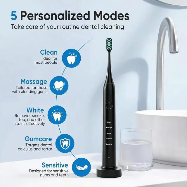 Alt view image 2 of 7 - Toytexx Inc Smart Electric Toothbrush with 5 Modes, 6 Brush Heads, 2Minute Timer & IPX7 Waterproof - Rechargeable for Adults & Kids