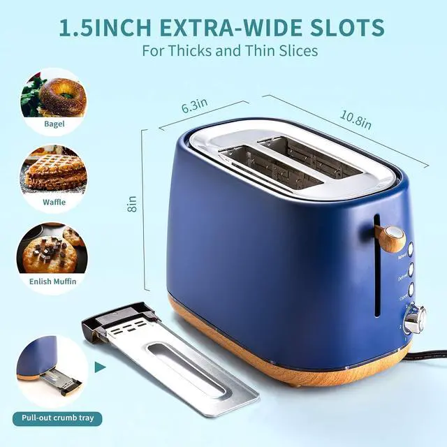 Alt view image 5 of 6 - Toytexx Inc 2 Slice Toaster with Extra-Wide Slots, 6 Browning Settings, Cancel & Defrost, Stainless Steel Compact Toaster Oven with Crumb Tray - Blue
