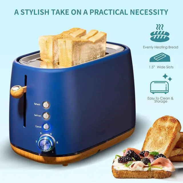 Alt view image 6 of 6 - Toytexx Inc 2 Slice Toaster with Extra-Wide Slots, 6 Browning Settings, Cancel & Defrost, Stainless Steel Compact Toaster Oven with Crumb Tray - Blue