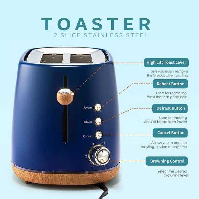 Alt view image 3 of 6 - Toytexx Inc 2 Slice Toaster with Extra-Wide Slots, 6 Browning Settings, Cancel & Defrost, Stainless Steel Compact Toaster Oven with Crumb Tray - Blue