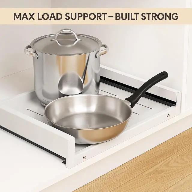 Alt view image 2 of 6 - Toytexx Inc Expandable Pull-Out Cabinet Organizer - Heavy-Duty Sliding Shelf with Adjustable Width (12 - 18"), Ball-Bearing Rails & Metal Storage Tray for Kitchen, Bathroom & Pantry - White