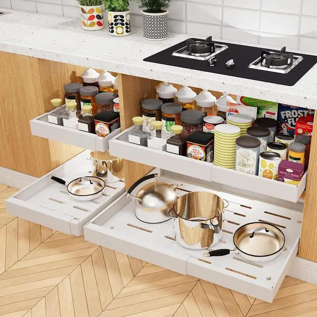 Alt view image 3 of 6 - Toytexx Inc Expandable Pull-Out Cabinet Organizer - Heavy-Duty Sliding Shelf with Adjustable Width (12 - 18"), Ball-Bearing Rails & Metal Storage Tray for Kitchen, Bathroom & Pantry - White