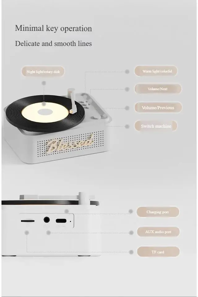 Alt view image 5 of 6 - Toytexx Inc Retro Bluetooth Speaker with LED Night Light - Vintage Turntable-Style Wireless Speaker Bluetooth 5.3 | Portable Mini Record Player Design with AUX/TF Card Support, 3W Audio for Home
