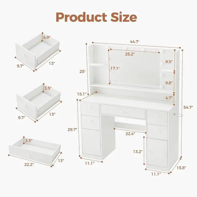 Alt view image 4 of 7 - Toytexx Inc White Vanity Desk with Lighted Mirror & Power Strip - 3-Color Dimmable LED Makeup Vanity with 8 Drawers, Shelves, Hair Dryer Rack, Large Storage Table for Bedroom, Bathroom, Cloakroom