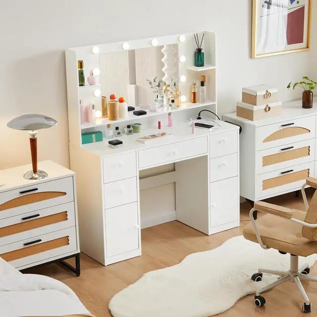 Main image of Toytexx Inc White Vanity Desk with Lighted Mirror & Power Strip - 3-Color Dimmable LED Makeup Vanity with 8 Drawers, Shelves, Hair Dryer Rack, Large Storage Table for Bedroom, Bathroom, Cloakroom