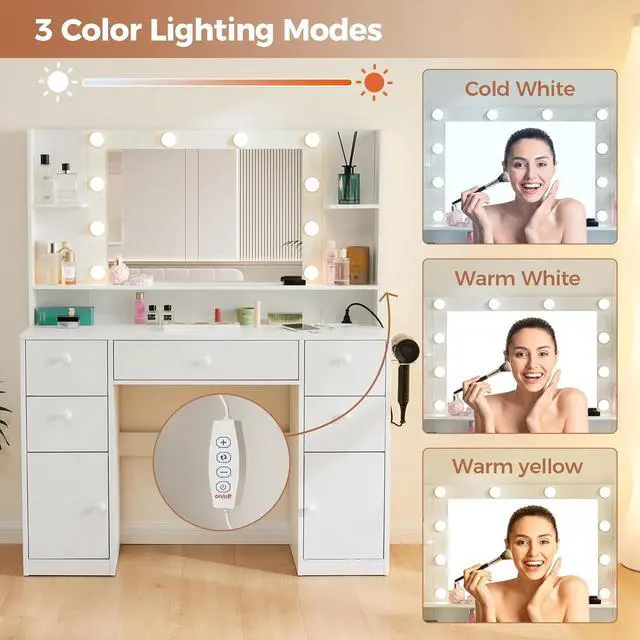 Alt view image 3 of 7 - Toytexx Inc White Vanity Desk with Lighted Mirror & Power Strip - 3-Color Dimmable LED Makeup Vanity with 8 Drawers, Shelves, Hair Dryer Rack, Large Storage Table for Bedroom, Bathroom, Cloakroom