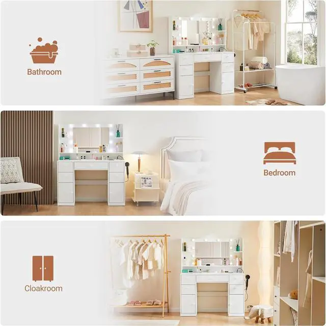Alt view image 7 of 7 - Toytexx Inc White Vanity Desk with Lighted Mirror & Power Strip - 3-Color Dimmable LED Makeup Vanity with 8 Drawers, Shelves, Hair Dryer Rack, Large Storage Table for Bedroom, Bathroom, Cloakroom