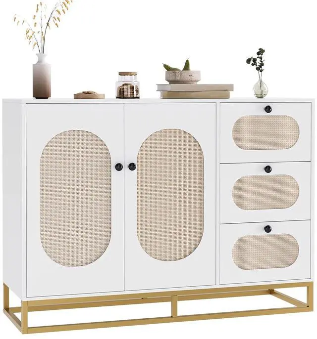 Alt view image 2 of 7 - Toytexx Inc Modern Rattan Storage Cabinet with 3 Drawers & 2 Doors - 47" White Sideboard Buffet Console with Gold Metal Base for Entryway, Living Room, Bedroom & Home Organization