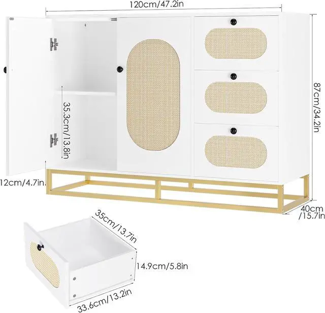 Alt view image 4 of 7 - Toytexx Inc Modern Rattan Storage Cabinet with 3 Drawers & 2 Doors - 47" White Sideboard Buffet Console with Gold Metal Base for Entryway, Living Room, Bedroom & Home Organization